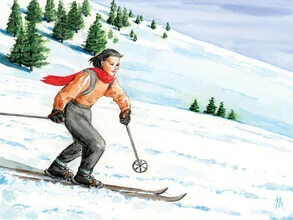 Illustration einer Frau mit rotem Schal, entspannt in einer verschneiten Landschaft.