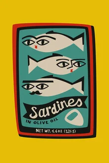 Wall art featuring colorful sardines in a tin, cheerful and inviting mood.