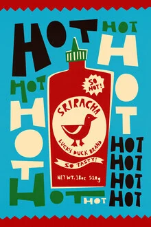 Illustration of hot sauce in a kitchen, surrounded by fresh ingredients.