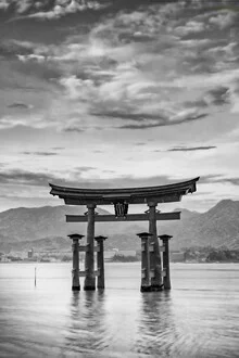 Monochrome Torii of Itsukushima Shrine on Miyajima in the evening