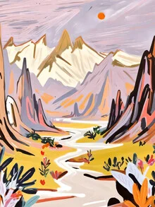 Illustration by Uma Gokhale: gentle lavender mountains at sunset