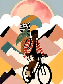 Illustration by Uma Gokhale: a traveler in a colorful landscape