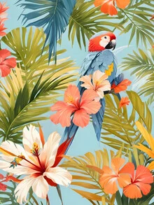 Wall art by Uma Gokhale: colorful macaw in a tropical garden