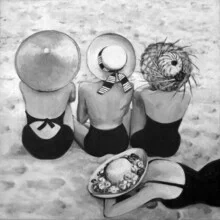 Photo art by Sarah Morrissette: four stylish sun hats on the beach.