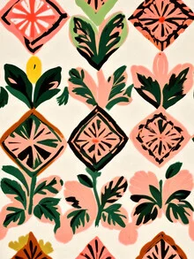Wall art featuring floral patterns and geometric shapes in soft pastel colors.