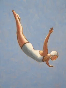 Illustration einer Frau, die elegant ins Wasser springt, unter einem graublauen Himmel.