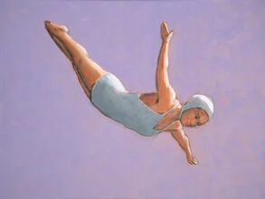 Illustration einer Frau, die elegant in einen lila Himmel springt.