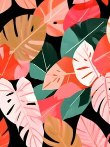 Wall art featuring botanical illustration: tropical plants in a dark jungle setting