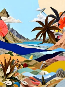Wall art by Uma Gokhale: Surreal beach scene with fantastic elements.