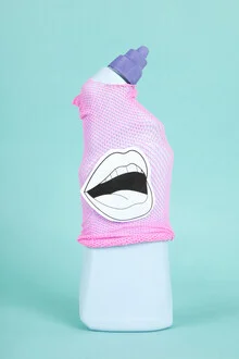 Quirky photo art featuring a bottle with a duck against a colorful backdrop