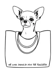 Wall art by Uma Gokhale: humorous illustration of a Chihuahua with a shopping bag.
