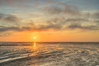 Sunrise over the Wadden Sea, soft colors and calm water surface.
