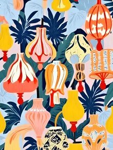 Illustration by Uma Gokhale: colorful lamps in a lively, tropical setting