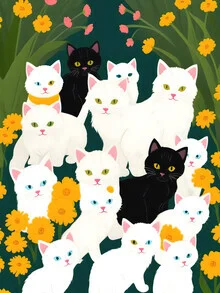 Wall art by Uma Gokhale: gathered cats in a colorful garden