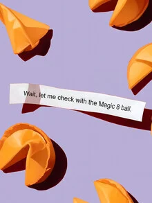 Photo art by Uma Gokhale: a playful arrangement with fortune cookies and a magic 8-ball