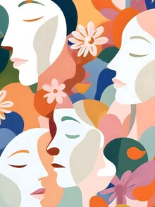 Wall art by Uma Gokhale: Abstract representation of faces in a blooming garden