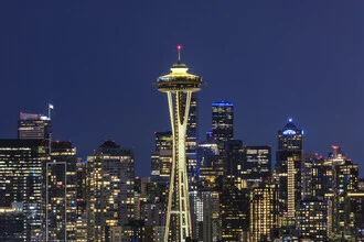 Photo art by Melanie Viola: Seattle skyline during blue hour.
