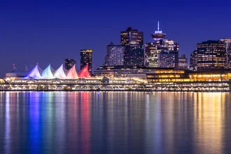 Photo art by Melanie Viola: charming evening view of Vancouver's skyline with lights