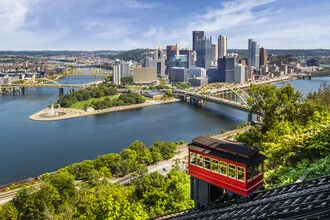 Photo art by Melanie Viola: Pittsburgh skyline with Duquesne Incline at sunset