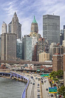 Photo art by Melanie Viola: cityscape of the Financial District in New York City