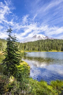 Photo art by Melanie Viola: serene landscape featuring Mount Rainier and Reflection Lake