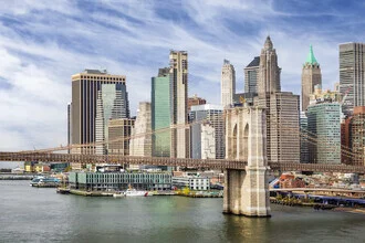 Photo art by Melanie Viola: Brooklyn Bridge view with Pier 17 and South Street Seaport