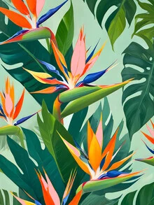 Wandbild mit tropischen Vögeln in lebendigen Farben und floralen Elementen