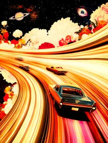 Illustration by Taudalpoi: colorful cars and flowers in space