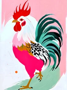 Colorful rooster with lively feathers against a farm backdrop.