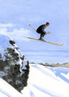 Illustration of a skier flying over snow-covered mountains