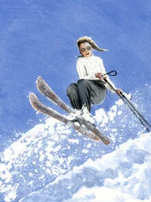 Illustration of a female skier in a white sweater gliding through the snow.