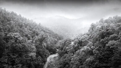 Photo art by Tillmann Konrad: mystical landscape with fog and river in black and white