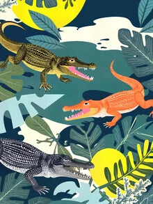 Wall art featuring three crocodiles in a colorful tropical jungle
