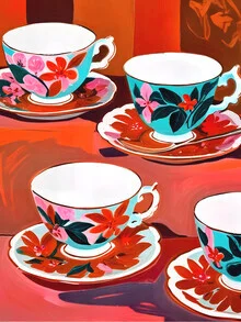 Illustration of a tea party with colorful tea cups and floral patterns