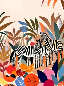 Illustration of three zebras in a tropical forest, friendly and lively.