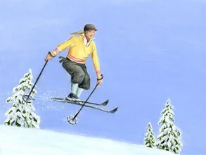 Illustration einer Skifahrerin im gelben Pullover auf schneebedecktem Hang