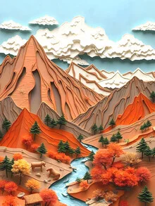 Wall art featuring colorful orange mountains and a river in a warm, summery style