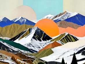 Wall art depicting a surreal landscape with two suns, soft colors and geometric shapes.