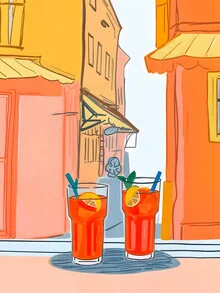 Illustration by Uma Gokhale: two Aperol drinks on a table, creating a cheerful atmosphere