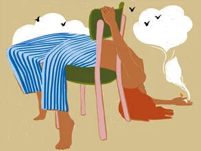 Illustration of a woman relaxing and creating clouds of smoke while smoking.