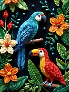 Wall art: Parrot and toucan in a colorful, artistic beaded forest