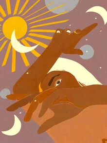 Illustration by Uma Gokhale: moon dances with woman in a pastel-colored space