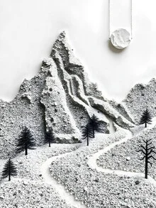 Illustration by Uma Gokhale: winter landscape featuring a path and trees in black and white