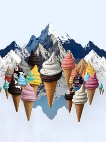Illustration: whimsical mountain range made of colorful ice cream, soft colors and dreamy mood