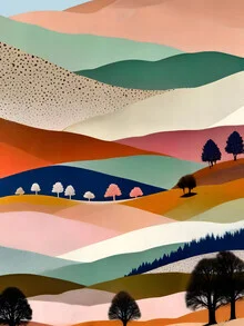 Illustration of a textured landscape featuring soft colors and surreal elements.