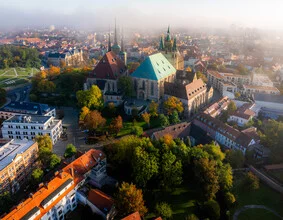 Fog over the rooftops of Erfurt on an autumn morning