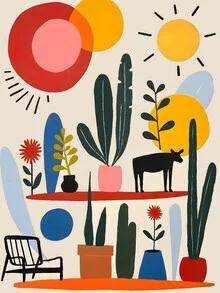 Illustration of colorful shelves filled with plants and decorative items.