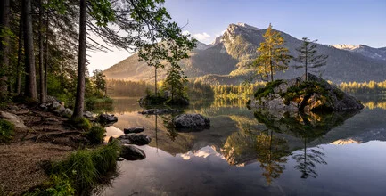Summer morning at Lake Hintersee in Bavaria with soft colors and a calm atmosphere