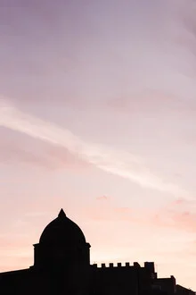 Photo art: Silhouette of a building against a pink and purple sky at sunset