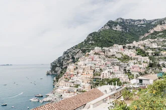 Photo art: View of Positano with colorful buildings and the blue sea